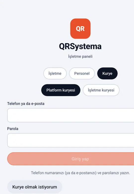 QRSystema uygulaması giriş ekranı: Kurye sekmesinde Platform kuryesi seçili ve Kurye olmak istiyorum düğmesi