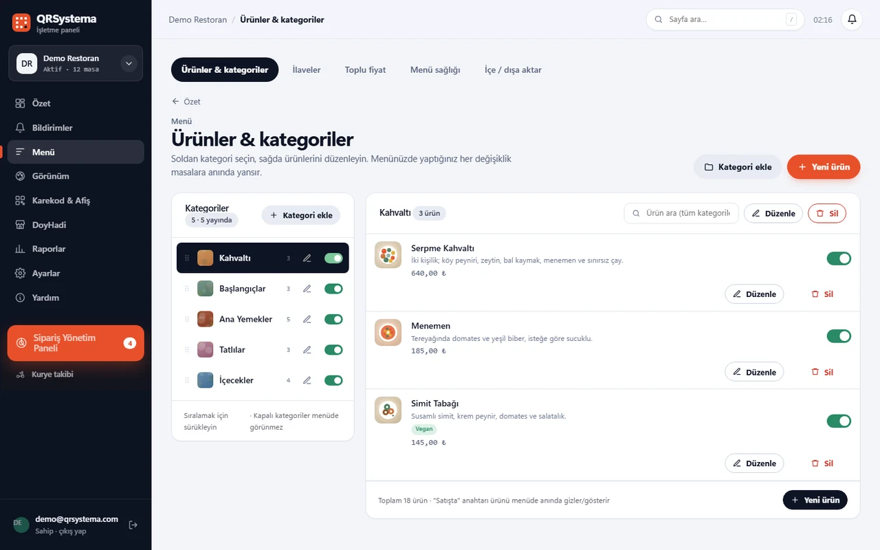 QRSystema menü yönetimi: kategoriler solda, ürünler ve fiyatlar sağda